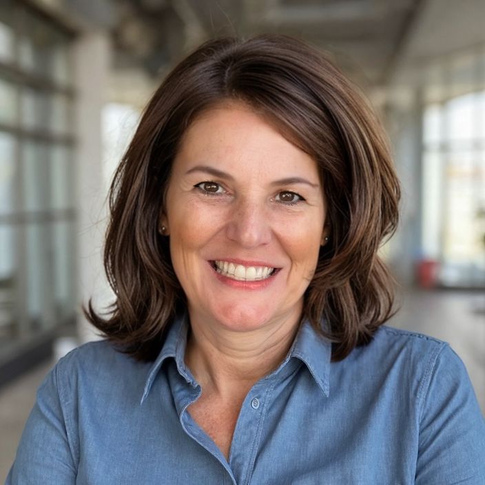 a woman with a blue shirt and a blue shirt