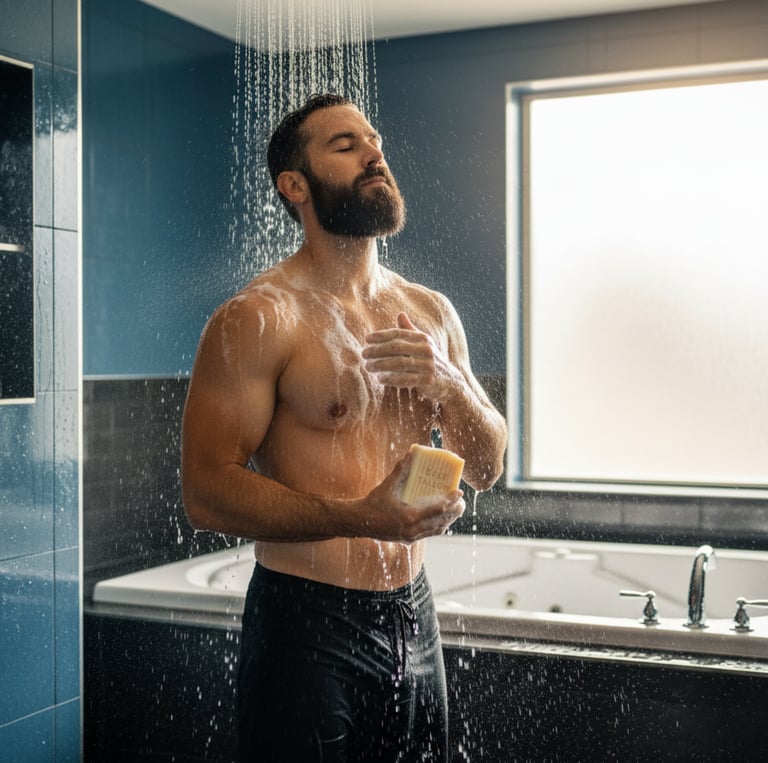 a handsome man bathing with Back2naturalness Tallow Soap