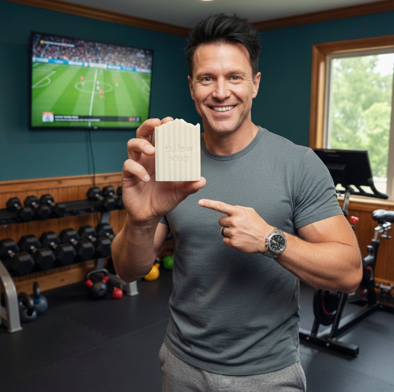 a man holding a small bar of soap in his hand