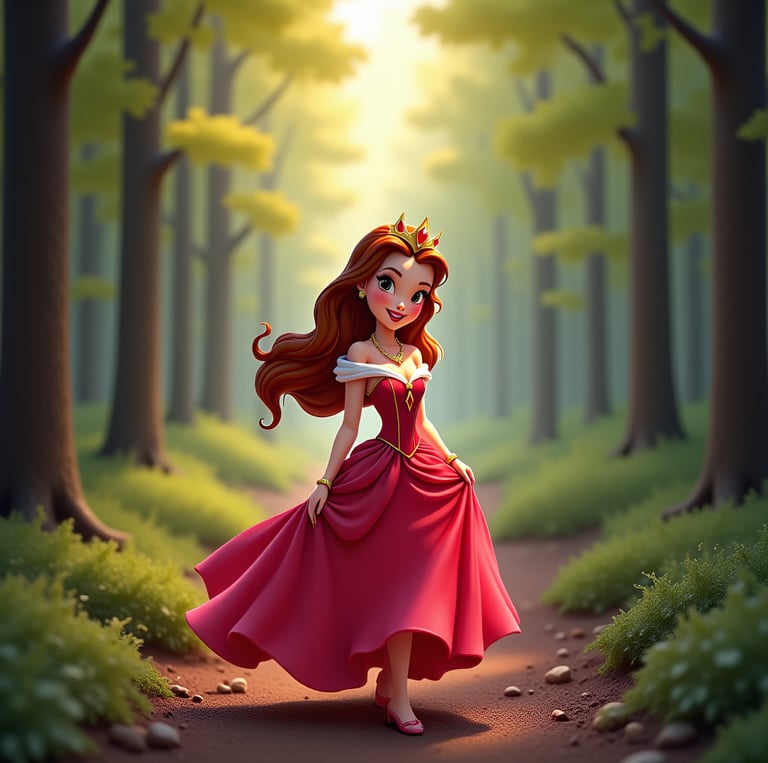 a cartoon princess in a red dress with a crown in the woods