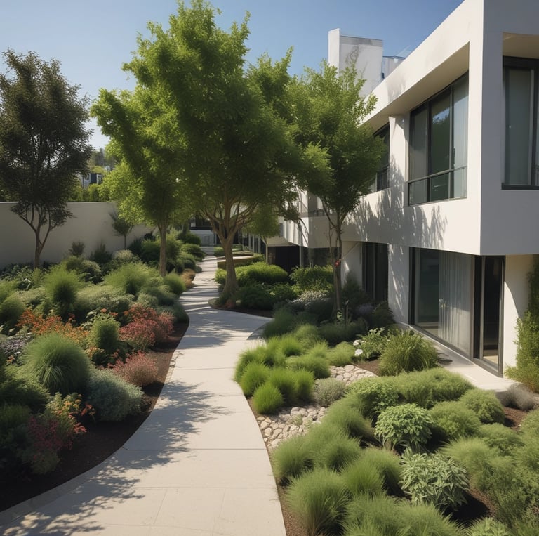 A modern landscape design featuring tiered grassy slopes outlined by sleek metal railings, with a backdrop of lush green trees and a clear blue sky above.