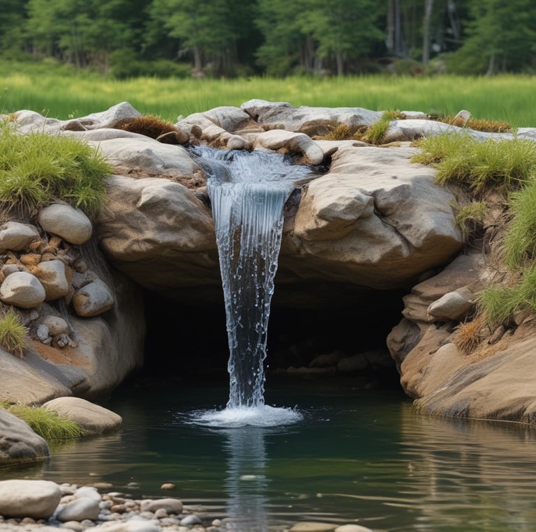 A serene landscape featuring a clear, flowing stream surrounded by lush greenery.