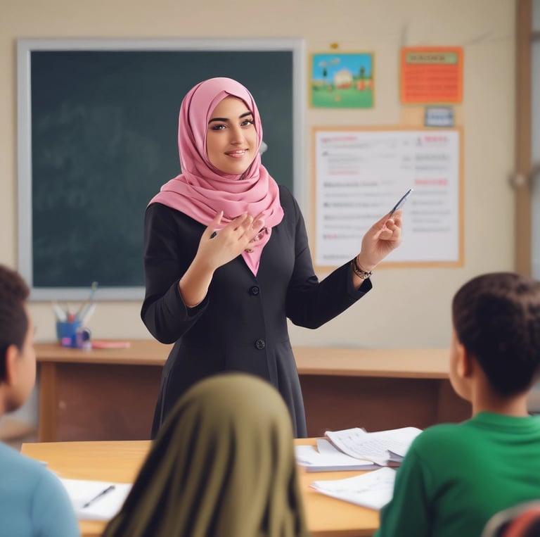 A friendly teacher engaging with a small group of students in a bright, cozy classroom.