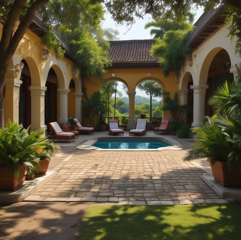 A beautiful colonial-style hotel surrounded by lush gardens.