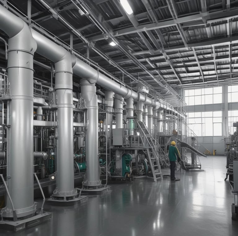 A spacious, well-lit industrial setting with numerous large white machines lined up in parallel rows. A person in uniform appears to be operating one of the machines. Red and blue bins are placed at intervals along the line of machines, which appear to be automated textile machines. The facility is clean and modern, with the floor marked with geometric patterns.
