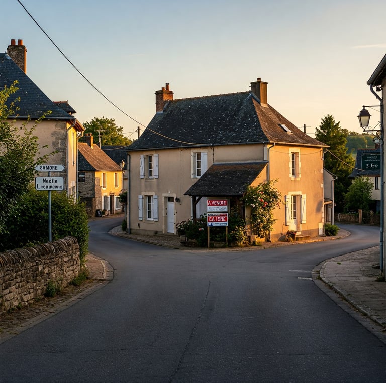 une maison située à un coin de rue avec panneau à vendre