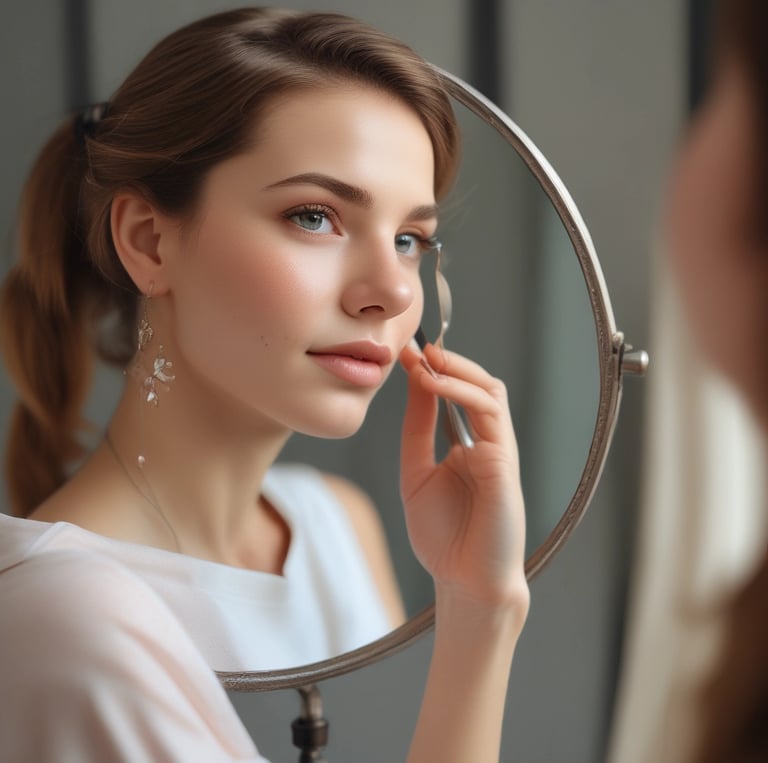 A close-up of a person applying a skincare serum or oil to their cheek using a dropper. The person has neutral expression with a focus on skincare and wellness.