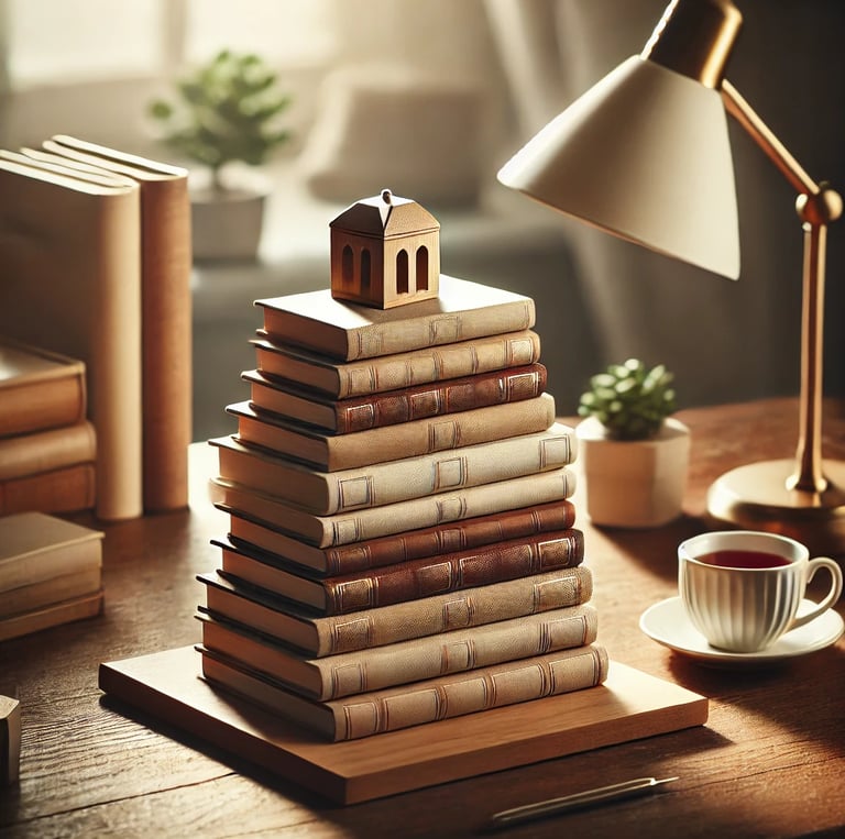 a stack of books on a table with a cup of coffee
