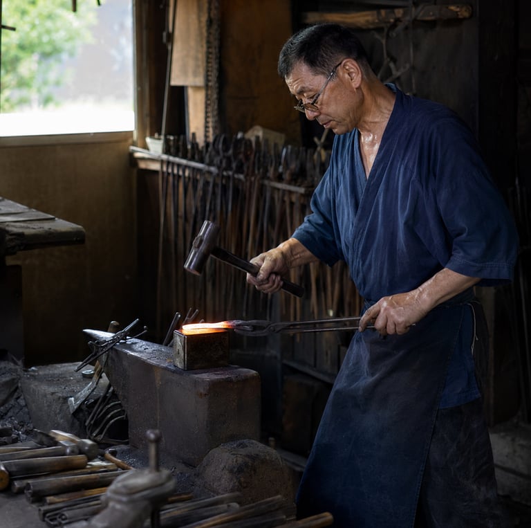 A Japanese blacksmith in a traditional workshop hammering glowing hot metal on an anvil with tongs.