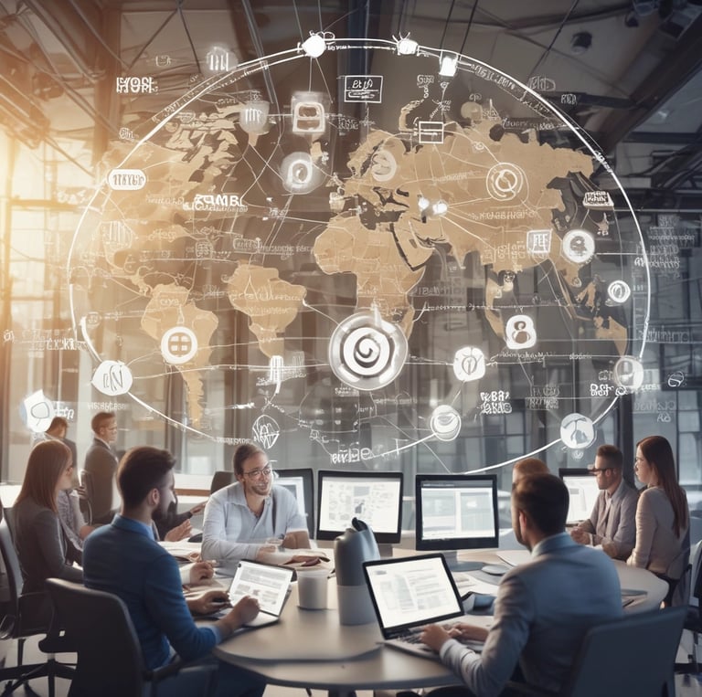 A team of young professionals gathered around a table, brainstorming over marketing charts and business plans in a bright office.