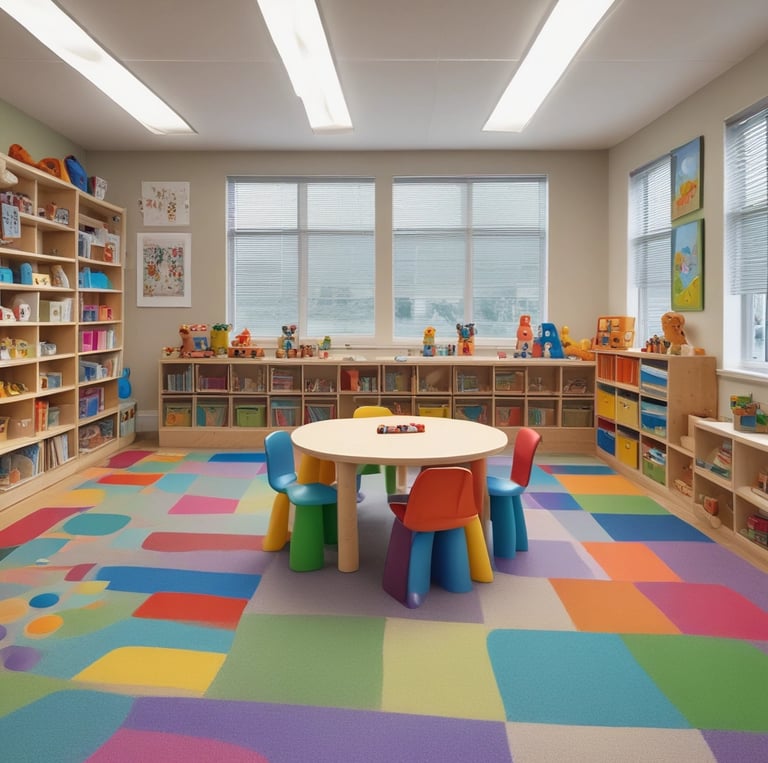 A bright, cheerful playroom filled with colorful toys and happy children playing together.