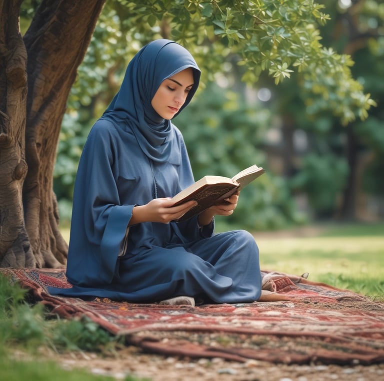 a woman in a blue dress is sitting on a rug
