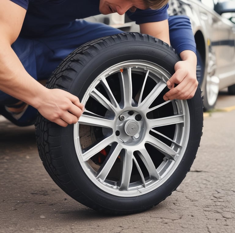 A black car is parked on the side of a highway with a flat tire. The car is jacked up, and the wheel is removed, indicating a tire change in progress. The road extends into the distance lined with lush green trees, and a section of the forest is bathed in golden light.