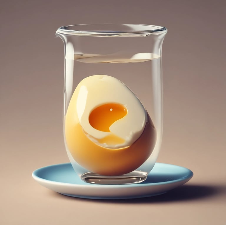 A glass filled with clear liquid containing the yolk of a raw egg on a white plate. A metal stirring rod is suspended in the liquid, and milk-like wisps are visible swirling around the yolk.