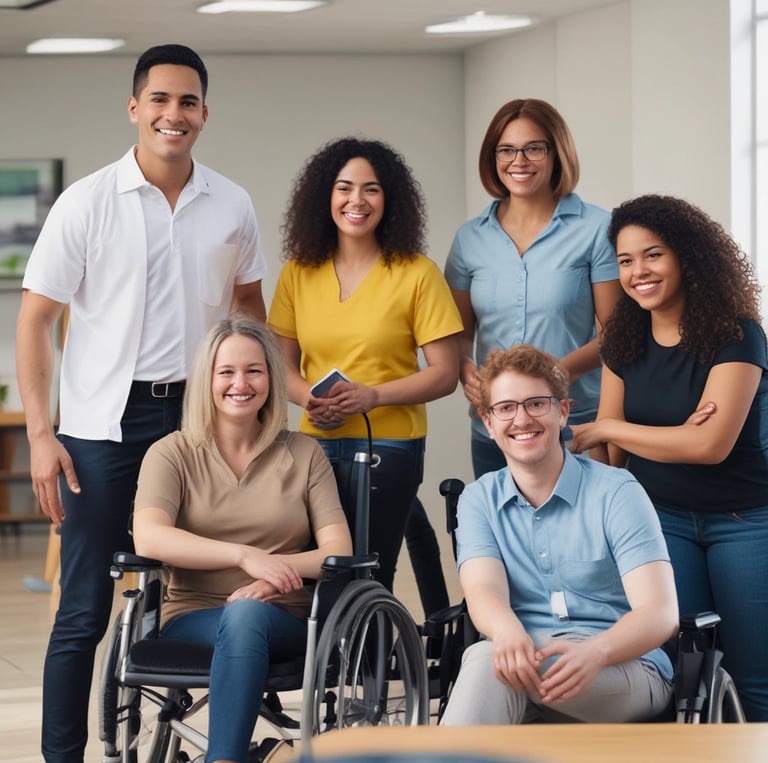 a group of people standing around a woman in a wheelchair