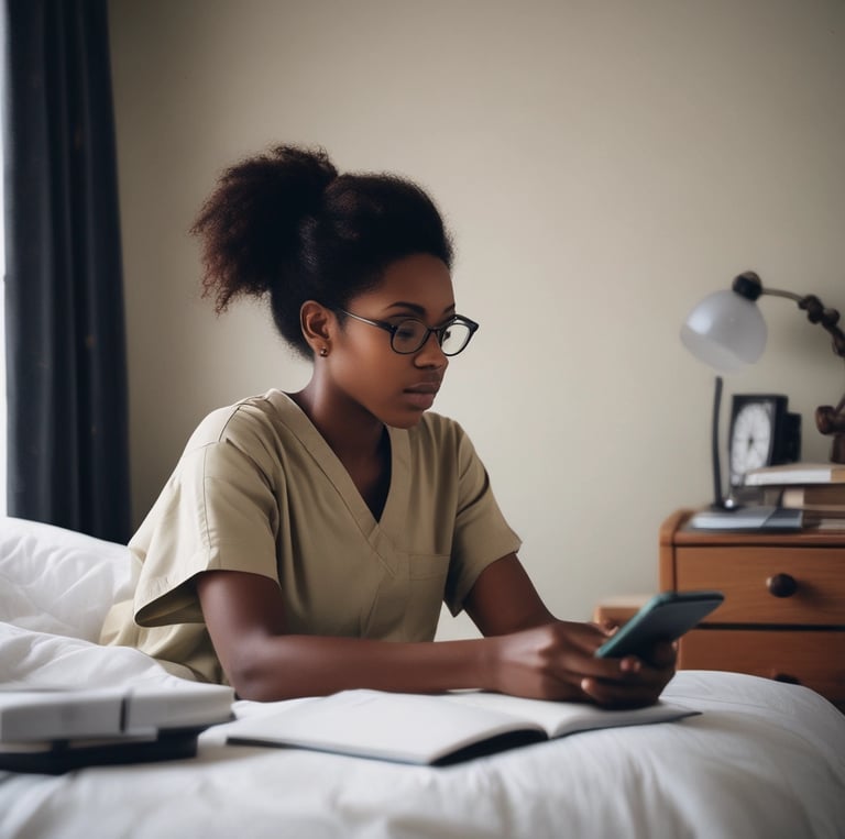 A person wearing a smartwatch writes on a notepad while using a tablet that displays medical images. A stethoscope is positioned close by on a white desk, suggesting a medical setting.