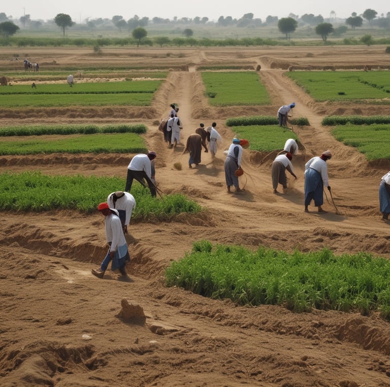 Three people are working together in a field, using hoes to cultivate the soil. They are dressed in colorful traditional clothing, and the field is lush with green plants sprouting from the dark soil. Trees and more agricultural land can be seen in the background.