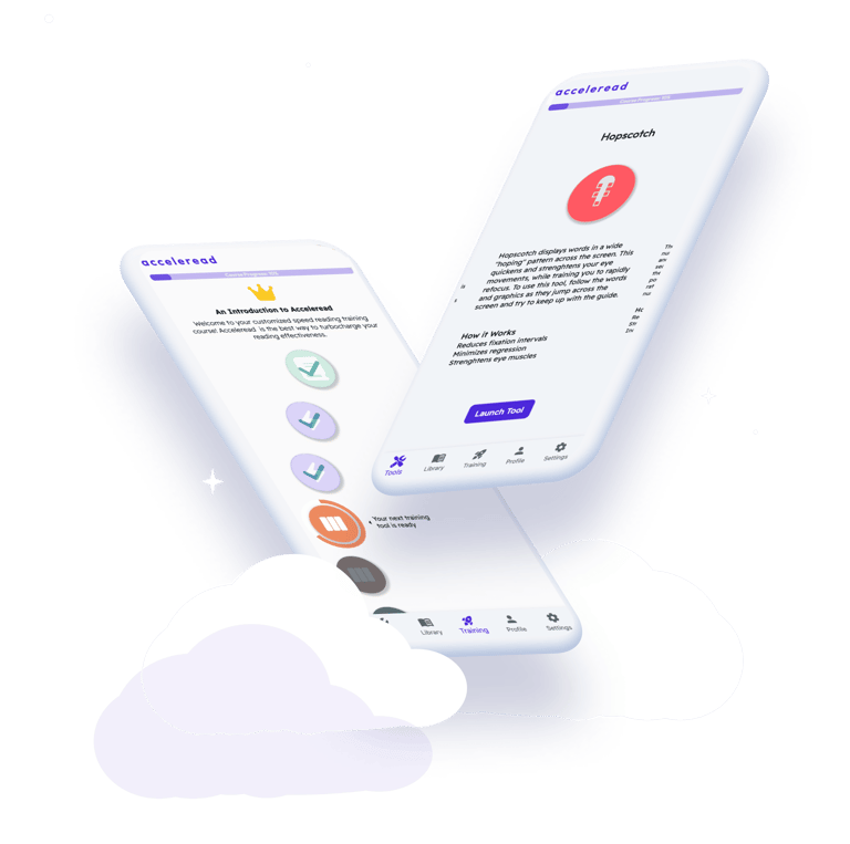 Acceleread speed reading app screens in clouds