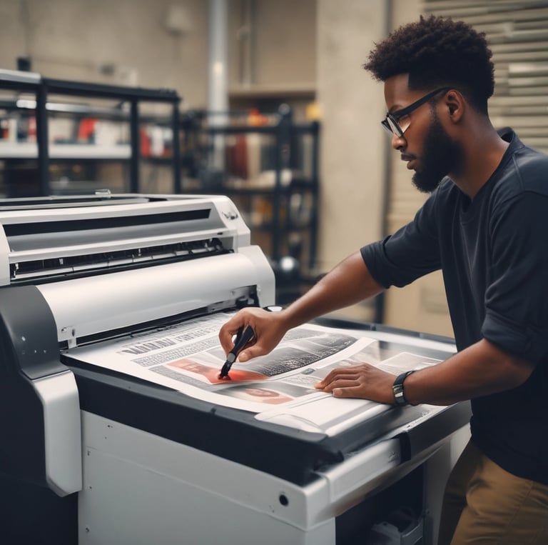 A large industrial printer is positioned in a clean, white-walled room. The printer is branded with the name Epson and appears to be printing or set up for a print job, with a green patterned material partially rolled through it. The room has a minimalistic look, with visible floor and wall fixtures.
