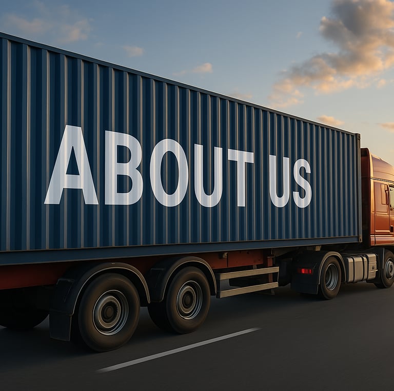 "Truck with 'ABOUT US' container on highway at sunset, symbolizing global logistics."