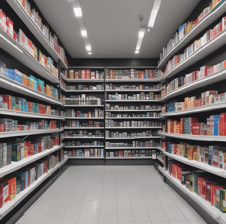 Several shelves are filled with various cleaning products, snacks, and household items. The floor is tiled, and there is ample lighting coming through the store. Each shelf is well-organized with items neatly stacked and price tags visible.