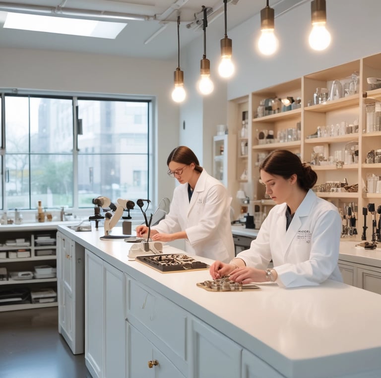A bright, modern jewelry studio with soft lighting, clean lines, and a small team meticulously handcrafting fine jewelry.