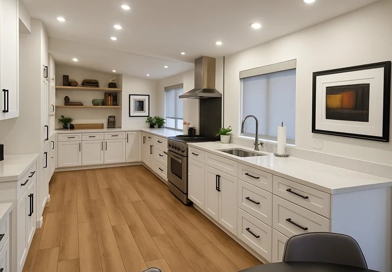 Modern kitchen with white shaker cabinets, black handles, stainless steel appliances.