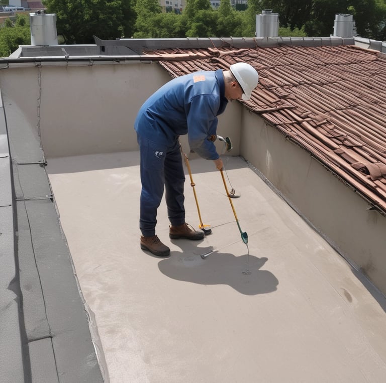 A person wearing a wide-brimmed straw hat is working on repairing or inspecting a roof made up of traditional grey tiles. The roof tiles are arranged in an overlapping pattern and show various shades of grey, with patches of moss or discoloration.