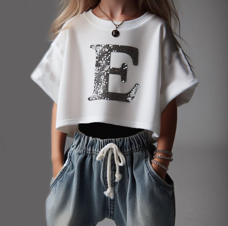 a young girl wearing a white t-shirt made using the digital sewing pattern