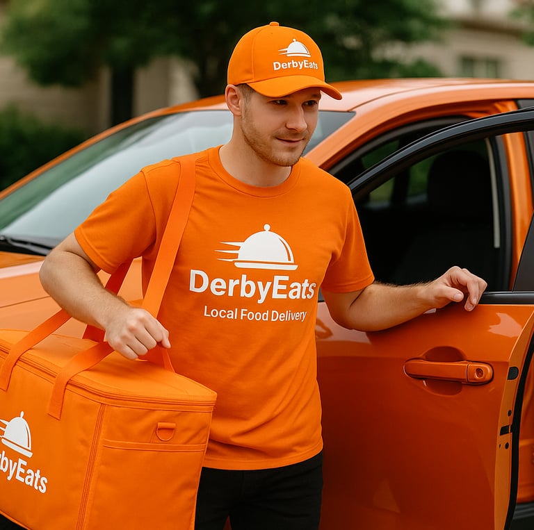 DerbyEats driver out of the car for food delivery.