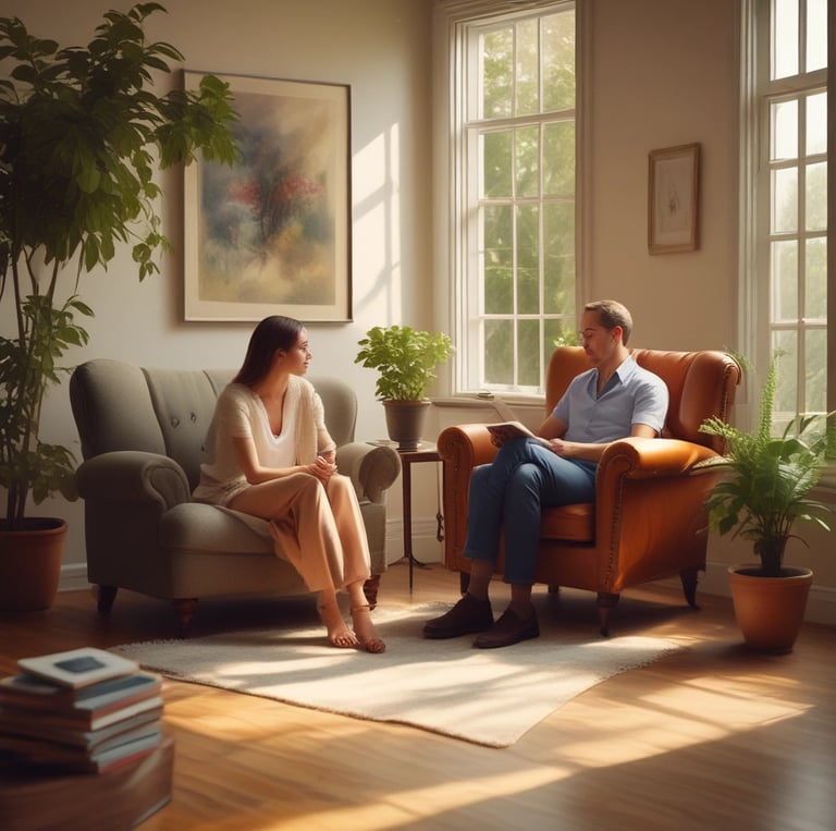 Calm professional counseling session in a modern, cozy office environment.