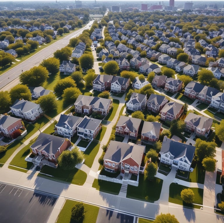 An aerial view of a modern architectural estate, featuring multiple buildings with green rooftops and a central courtyard. The estate is surrounded by lush greenery and palm trees, and the pathways are neatly arranged. There are manicured lawns and landscaped gardens throughout the property.