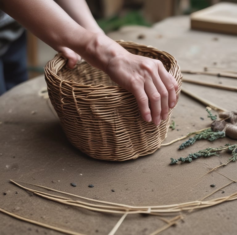 A market stall displays various handmade crafts, including woven baskets, intricate macramé wall hangings, and embroidered hats. The setting is rustic, with wooden beams and ambient lighting, creating a cozy and artisanal atmosphere.