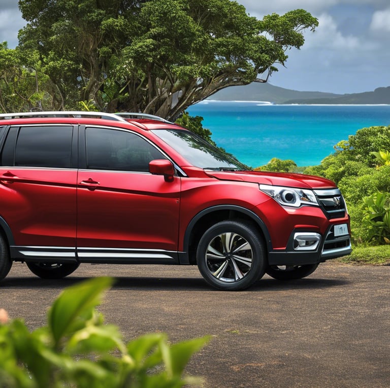 a red Suzuki xl6 parked with a beautiful view of Rodrigues island