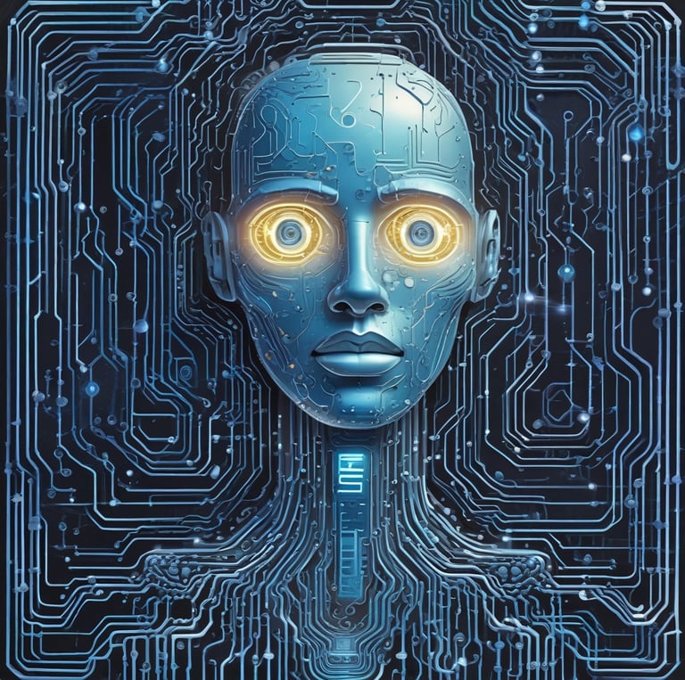 A futuristic and digital-themed image features a stylized circuit board with the words 'Open AI' in bold, glowing letters. Above it is a design that resembles an AI or robot face with neon accents. The background consists of a network of interconnected blue lines and nodes, suggesting themes of technology and connectivity.