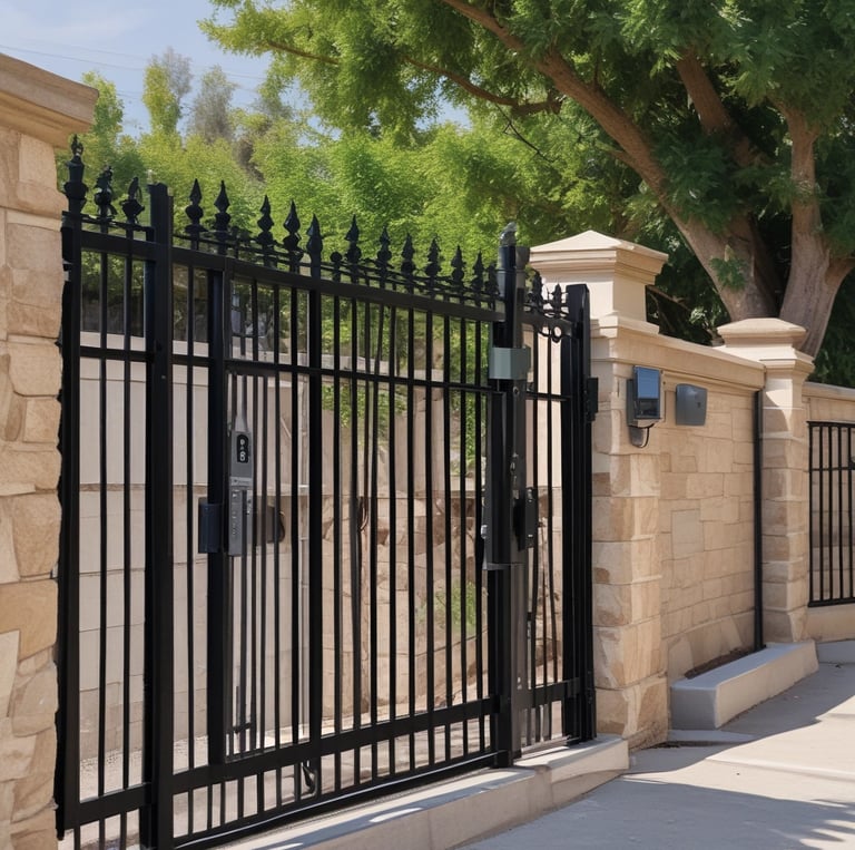 A double door painted in blue with metallic horizontal bars across each section. Above the doors, a row of vertical metal bars is attached to an overhanging section. The doors and the structure surrounding them exhibit a combination of industrial and modern design.