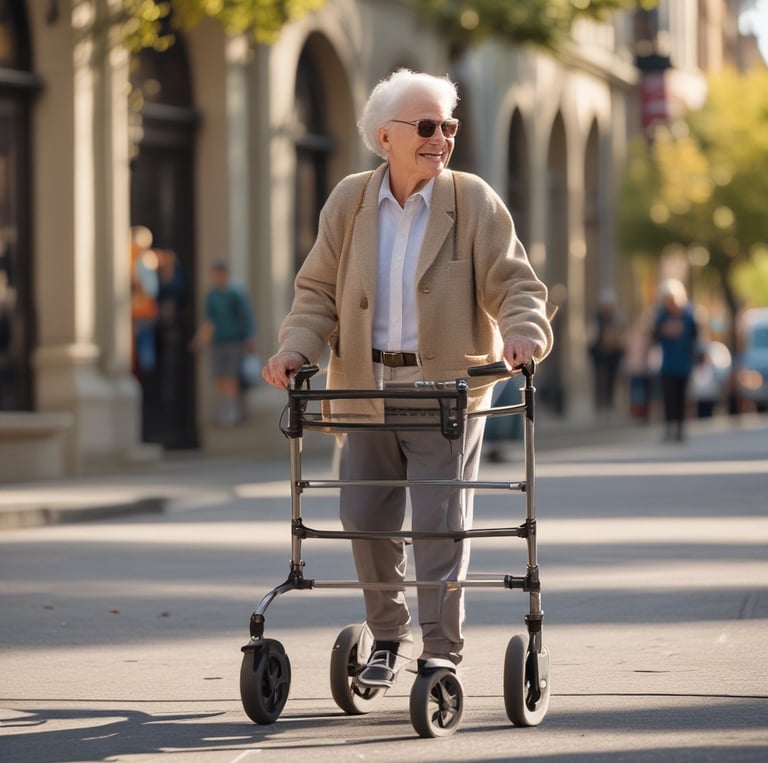 A person with mobility aids is walking along a sidewalk in an urban setting. The individual is using crutches and is dressed in casual summer clothing, including a hat and shorts. The walkway is flanked by railings, and in the background, there are tall buildings and structures. The image is in black and white, contributing to a somber or reflective mood.