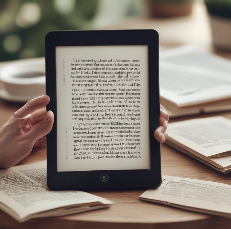 A person is holding a smartphone in their hands, navigating an online library or e-book application with blurred bookshelves in the background, giving a sense of depth and focus on the technology.