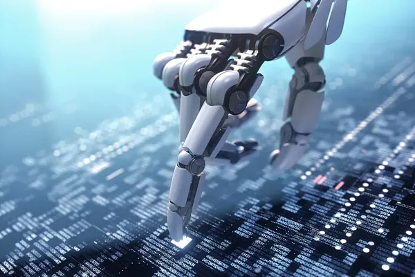 a robot hand holding a piece of technology
