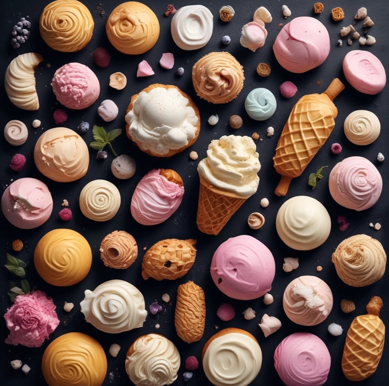 The image depicts a display of various flavors of gelato, each labeled with a sign, in a well-lit ice cream shop. The prominent flavors include 'Frutti di Bosco,' 'Nocciola Piemontese,' 'Cocco Malaysia,' and 'Cioccolato Fondente del Perú.' In the foreground, there is a dessert cup named 'Coppa Giulietta' topped with nuts and chocolate swirls. Some decorative leaves add a fresh look.