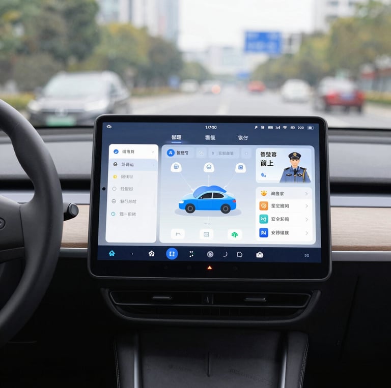 A digital dashboard showing vehicle status and document management interface.