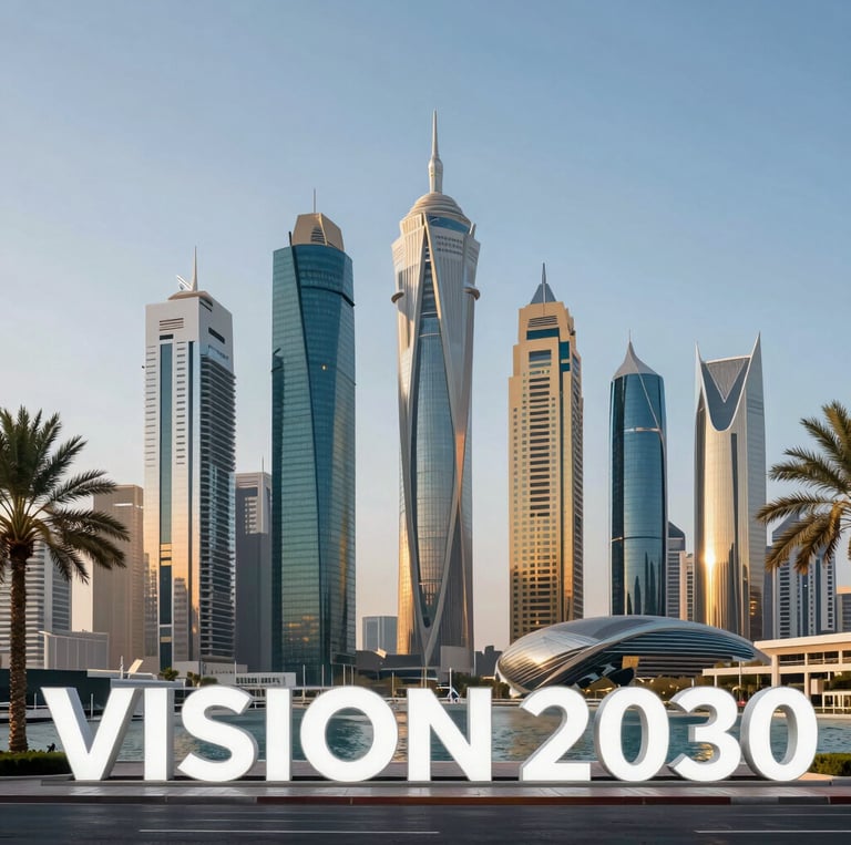 Modern city skyline with Vision 2030 text and futuristic architectural buildings and palm trees.