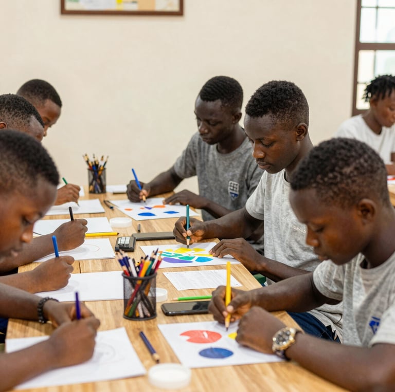 A sleek, minimalistic gallery space showcasing bold African artworks under soft lighting.