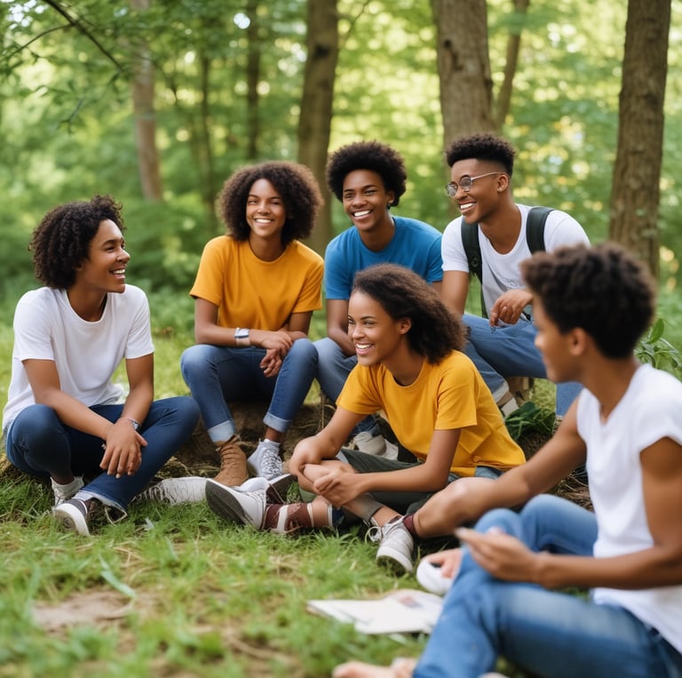 A warm community gathering with families sharing food and smiles in a sunny park.