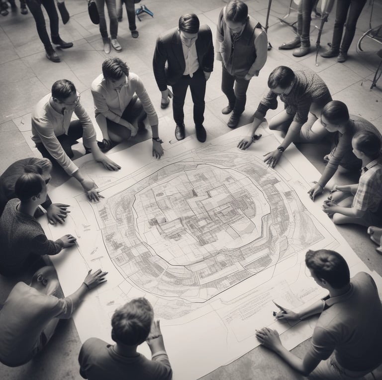 A construction site with workers coordinating on a new residential building under a clear blue sky.