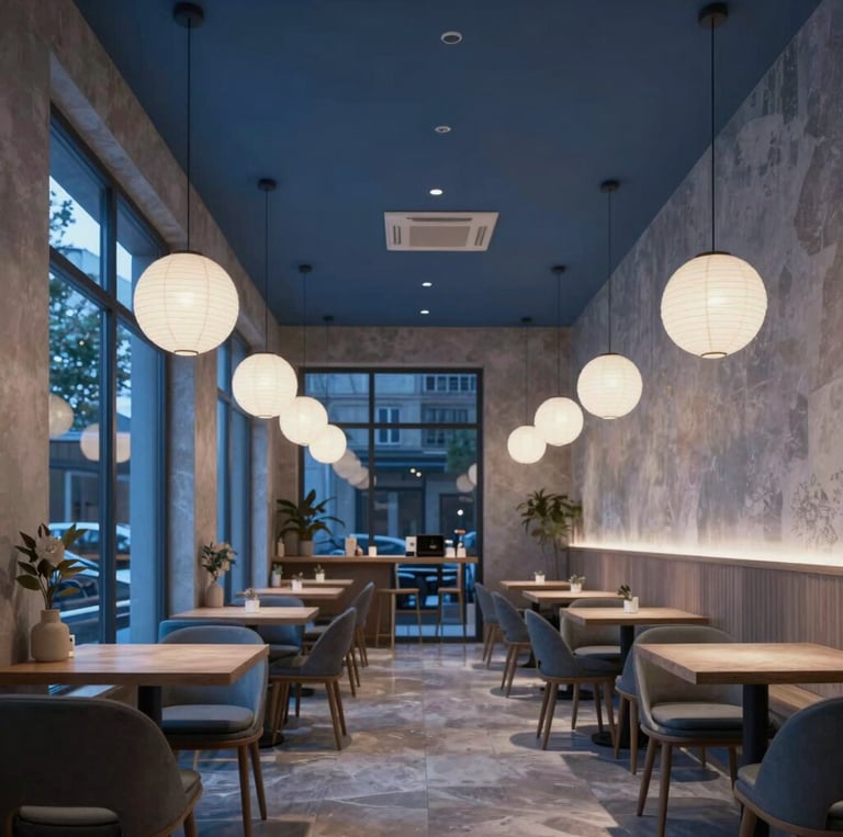 A sleek architectural interior bathed in carefully simulated warm lighting, showcasing detailed lux heatmaps overlayed on the space.