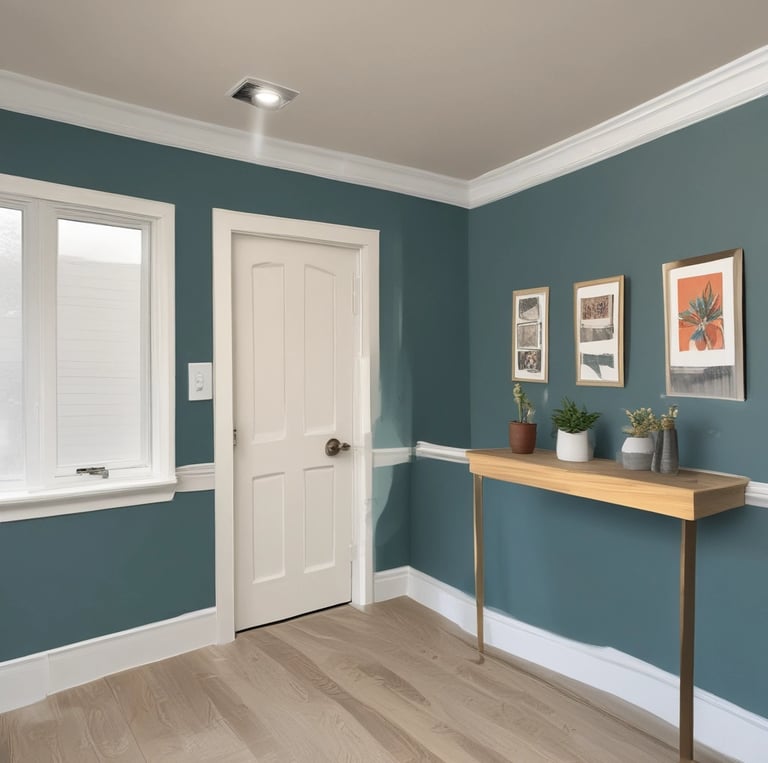  bright blue paint on a cozy living room wall.