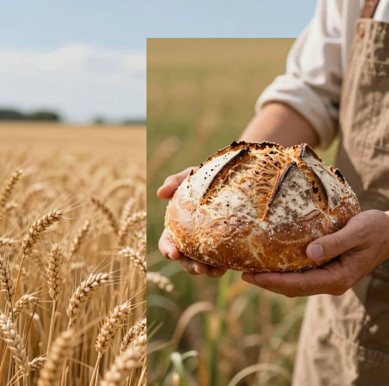 A warm bakery scene showing a baker shaping dough with fields of wheat visible through the window.