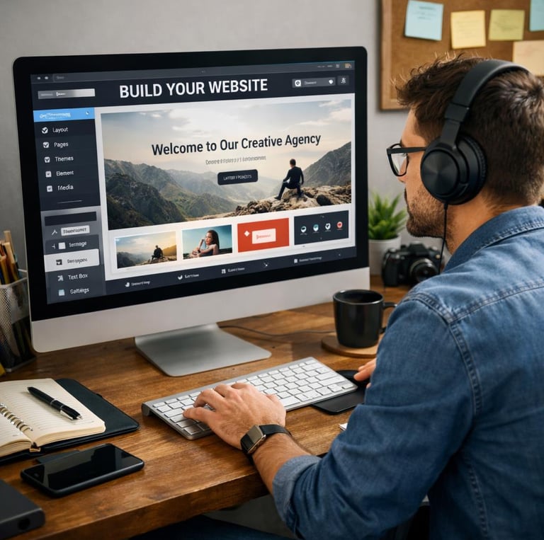 a man sitting at a desk with a computer and headphones