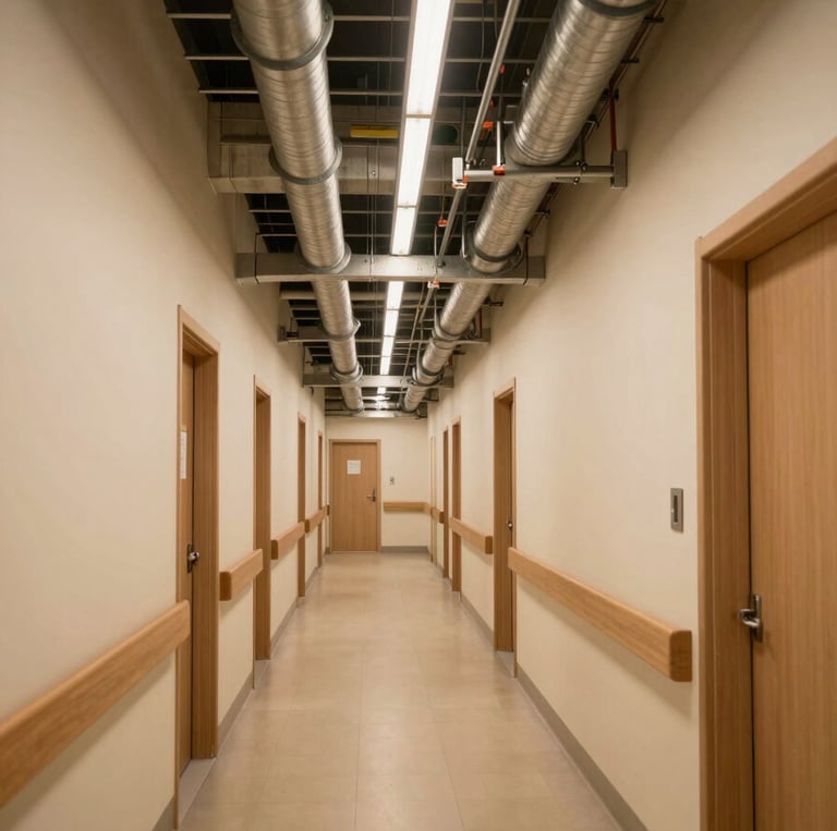 Wide environmental shot inside a completed hospital corridor showing overhead fire suppression pipework and structural ceiling grid, warm tungsten corridor lighting, tiled floor receding into depth, no people, evidence of correct installed workmanship in every junction and bracket